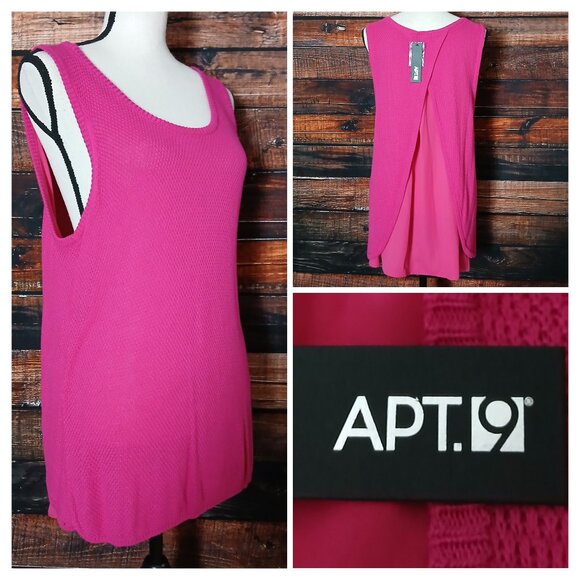 NWT APT 9 Knit Tank Top XL Mixed Media Fuchsia Slit Back Lined Flowy Textured - Picture 1 of 12